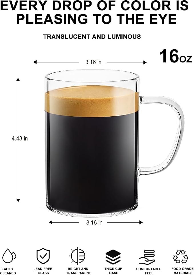 LUXU Glass Coffee Mugs, 16 oz Ice coffee cups, Large Beer Mugs Set of 4 | - Image 2
