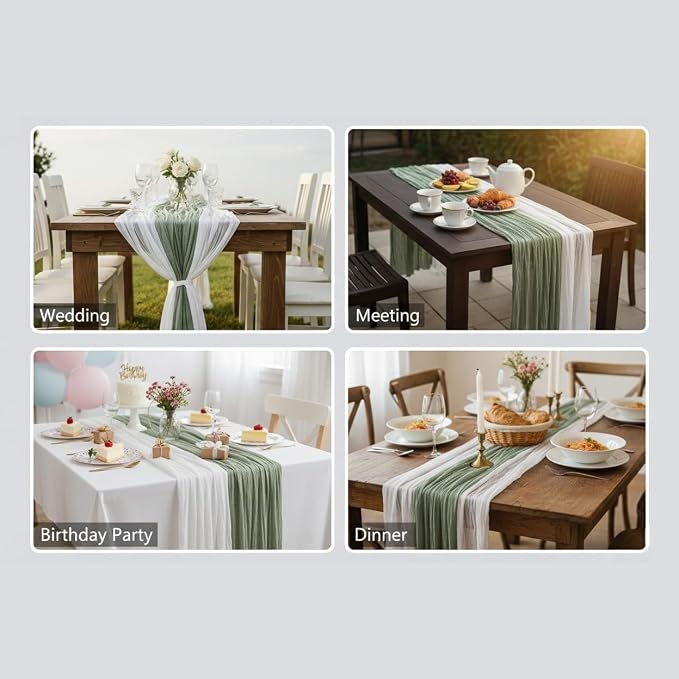 Cheesecloth Table Runner 2 Pack White and Sage Green, Boho Gauze Table Runner - Image 6