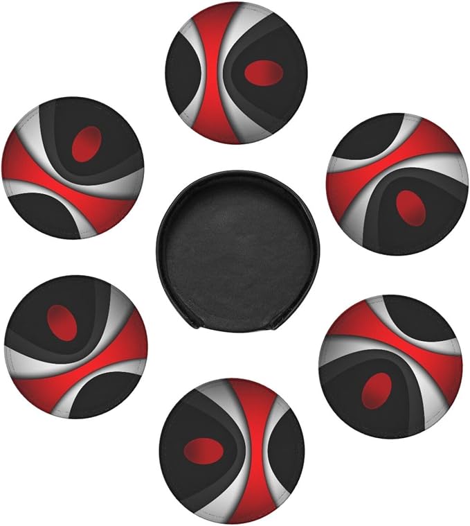 Black in Modern Abstract Red Leather Drinks Coasters - Image 4