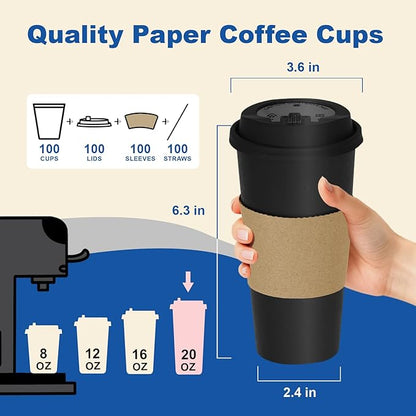 20 oz 100 Pack Coffee Cups with Lids and Sleeves, Straws, Hot Disposable To Go Travel Paper Cups Bulk for Office, Home Coffee Bar Accessories, Chocolate, Cocoa, Beverage (Black)