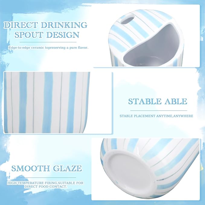 Ceramic Mug with Sip Hole 10 oz Light Blue Striped Ceramic Coffee Mug Hand - Image 3
