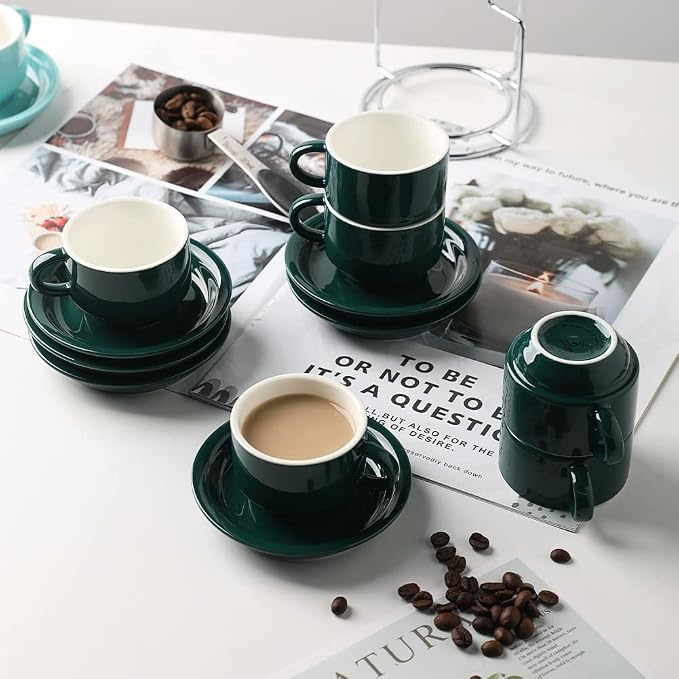 Sweejar Porcelain Espresso Cup & Saucer Set, Stackable Demitasse Cups - Image 5