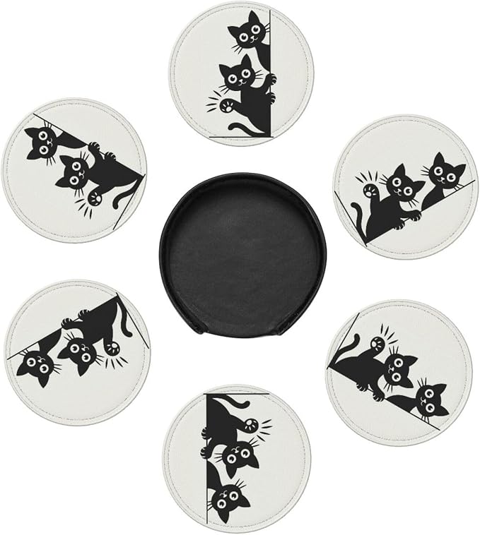 Cute Cats Coasters for Drinks Set of 6, Round Leather Coaster - Image 7