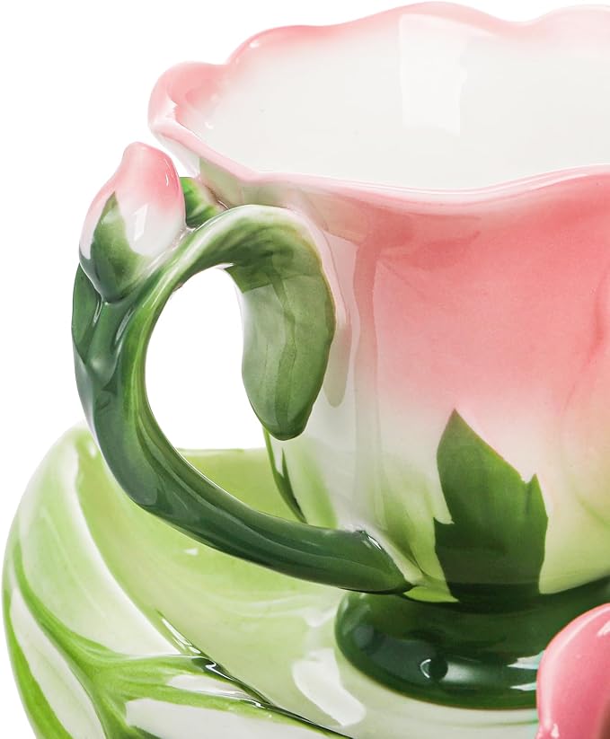 Cididu Pink Tea Cups with Saucer and Spoon, 4.5 Oz Small Ceramic Rose Flower - Image 5