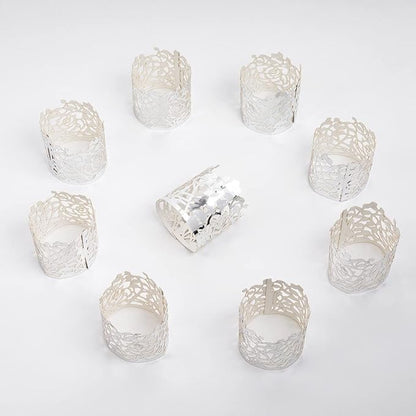 100pcs Disposable Rose Flower Paper Napkin Rings Laser Cut Foil Paper Napkin Holder, Leaf Vine Serviette Rings for Table Decoration,Christmas,Wedding,Party (Silver)