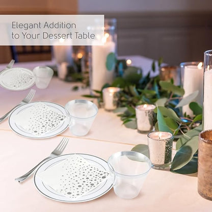 Stylish Disposable Party Set - 100 Cups, Forks, Napkins, 7.5 Inch Dessert Plates, Cake Plates, Appetizer Plates