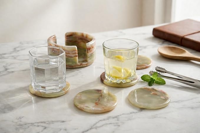 Marble Coasters Set of 6 Green 3.5 Inch Round Stone Coaster - Image 2