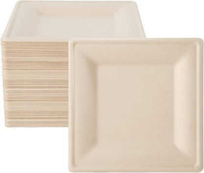 ECOLipak 125 Pack Compostable Square Paper Plates 6 inch Disposable, Eco-friendly Heavy Duty Biodegradable Sugarcane Plates