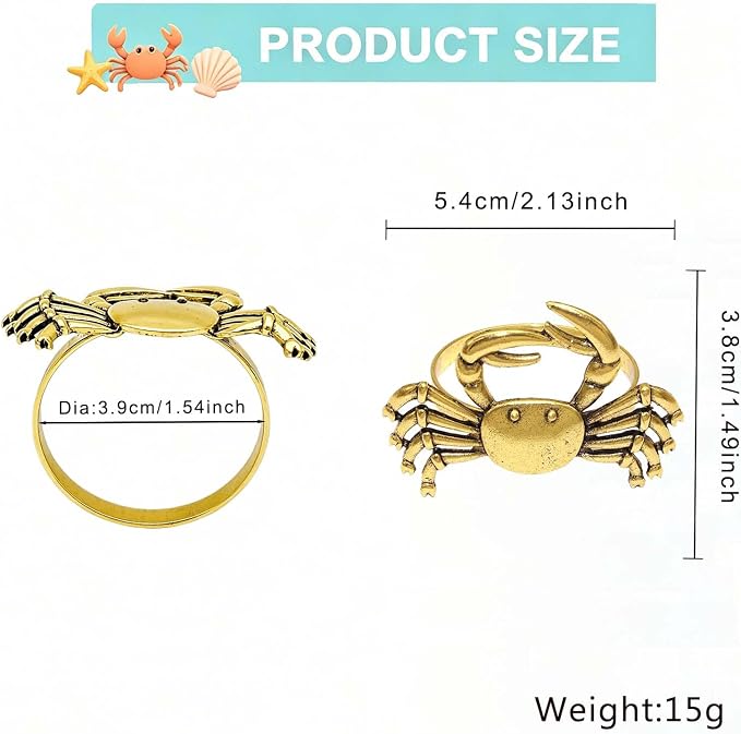 Crab Napkin Rings Set of 12 Vintage Gold Coastal Napkin Holder - Image 3