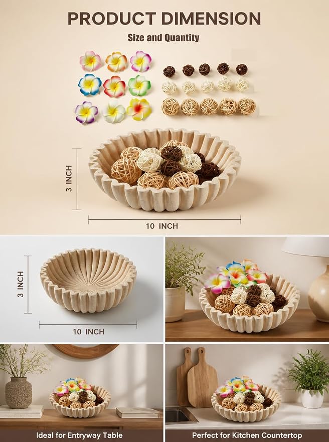 Ruffle Decor Large Decorative Bowl, fruit bowl kitchen stone bowl, bowl decor - Image 3