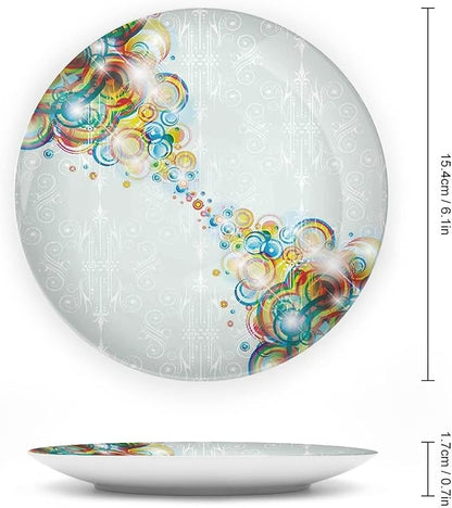Decorative Plates, Abstract Print Ornament, Modern Design Rainbow Waves Circles Patterned, 10 Inch, 1 Plate with 1 Display Stand, Multicolor
