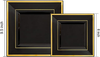 Liacere 100PCS Black and Gold Square Plastic Plates-50PCS Dinner Plate and 50PCS Dessert Plate-Durable Fancy Disposable Plates for Party & New Year & Martin Luther King Jr. Day