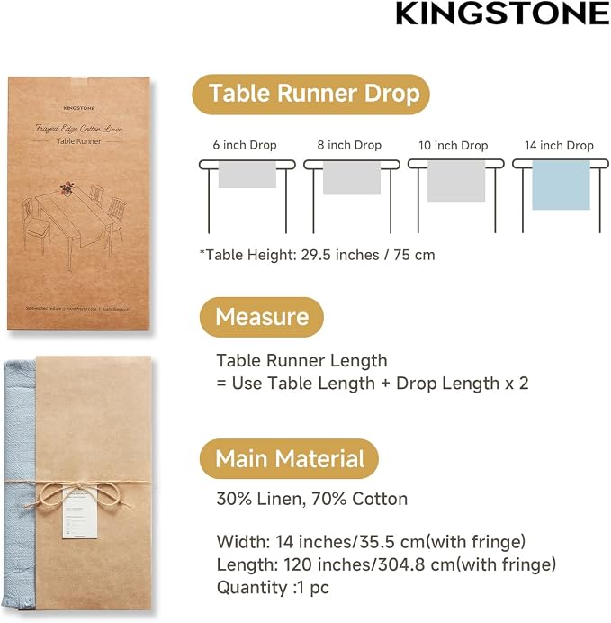 14 x 120 Inches Frayed Edge Table Runner, 270G Heavyweight Sand Washed Slub - Image 2