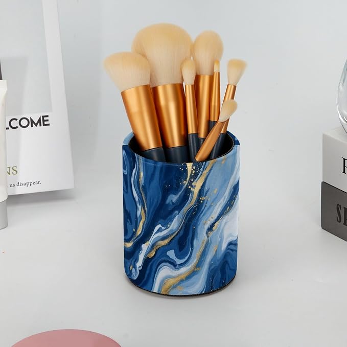 Blue Abstract Fluid Marble Leather Pen Holder - Image 6