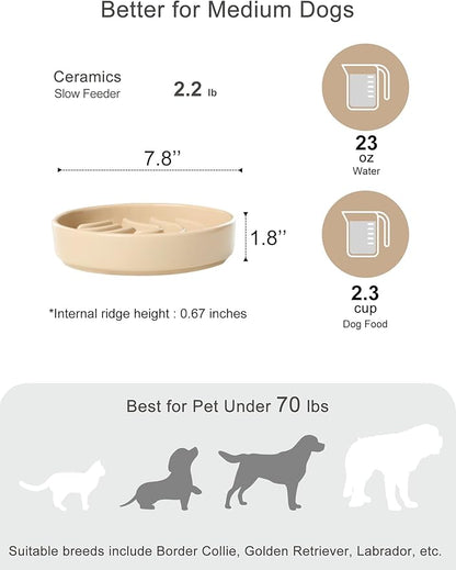 Ceramic Maze Dog Slow Feeder with Non-Slip Silicone Rim – Heavy-Duty Stoneware Bowl with Puzzle Pattern for Bloating & Obesity Prevention (Apricot-M)