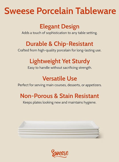 Sweese White Serving Platters, Porcelain Serving Trays for Parties, Large Rectangular Plates - 15.5 Inch, Set of 4