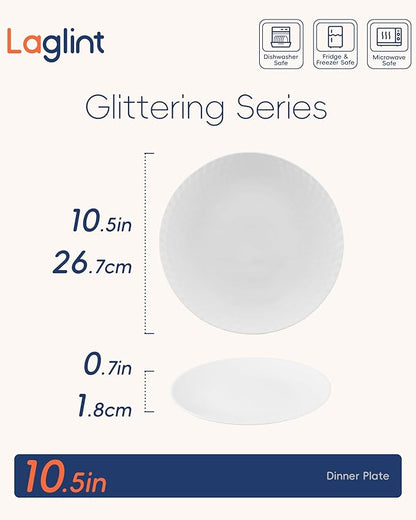 10.5 inch Dinner Plate Set of 6, Round Opal Glass Geometric Faceted White Dinnerware Plates, Dishwasher and Microwave Safe