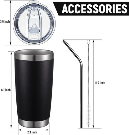 COMOOO 20oz/8Pack Black Tumbler Double Wall Vacuum Insulated Coffee Travel Mug Stainless Steel Tumbler with Lid and Straw Coffee Cup for Cold Drinks & Hot Beverage, Home and Outdoor (Black, 8 Pack)