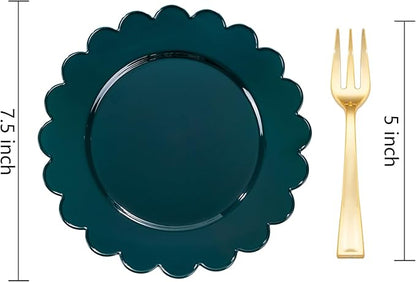 LIYH 200 Pcs Dark Green Dessert Plates - Disposable Cake Plates with Gold Forks, Gold Dessert Forks 5", Plastic Cake Plate 7.5" for Holiday Party