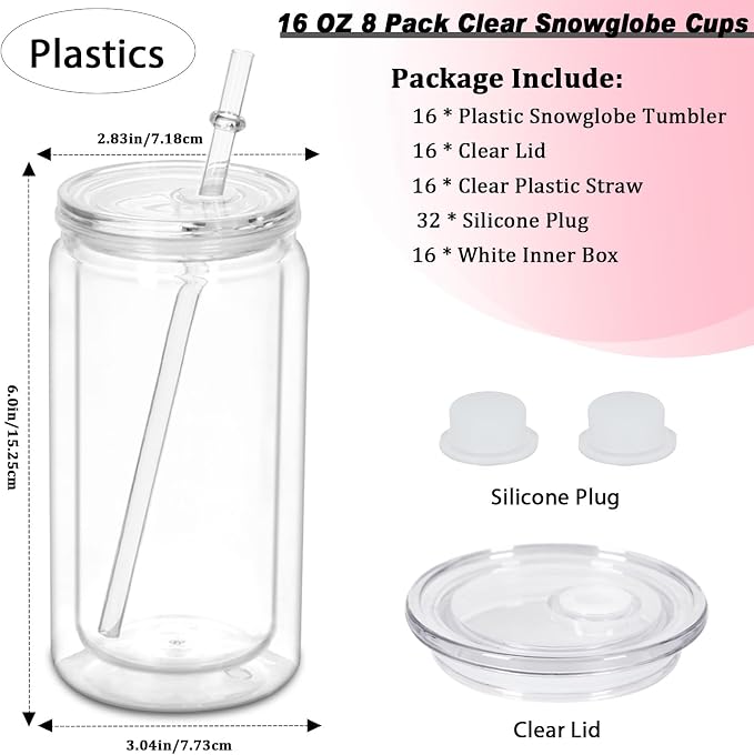16 oz Plastic Snow Globe Tumbler, 16 Pack Double Wall Snowglobe Tumbler - Image 2