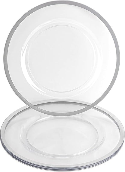 PARTY BARGAINS 13-Inch Charger Plates - 4 Pack, Clear Silver Rim, Heavy-Duty Disposable Chargers for Elegant Dining - Ideal for Weddings and Formal Events