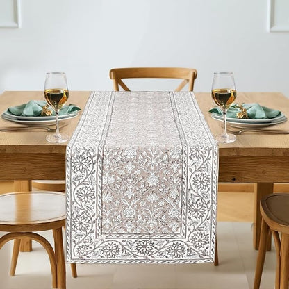 Taupe Hand Block Print 100% Cotton Reusable Table Runner 16" X 106" Inches by Ridhi