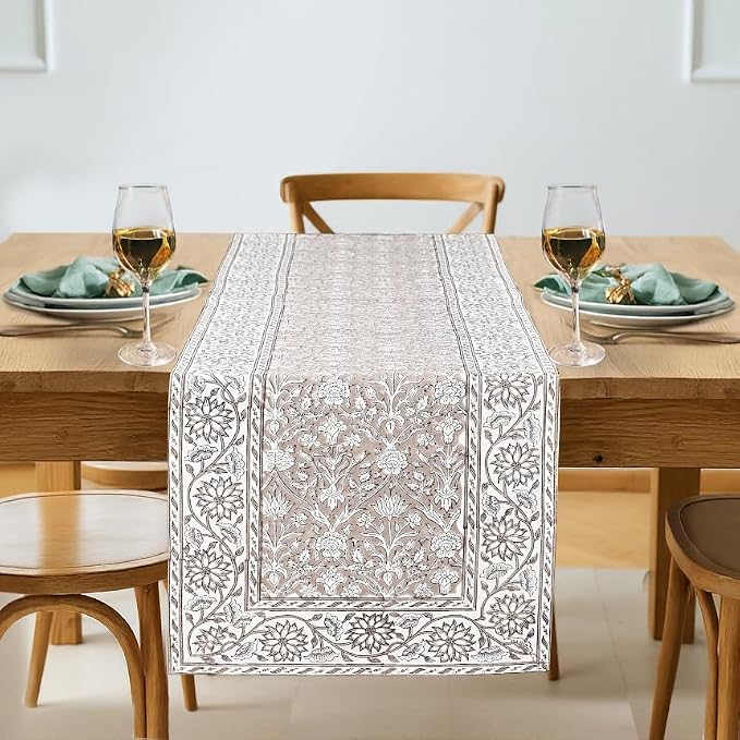 Taupe Hand Block Print 100% Cotton Reusable Table Runner 16" X 90" Inches Table by Ridhi