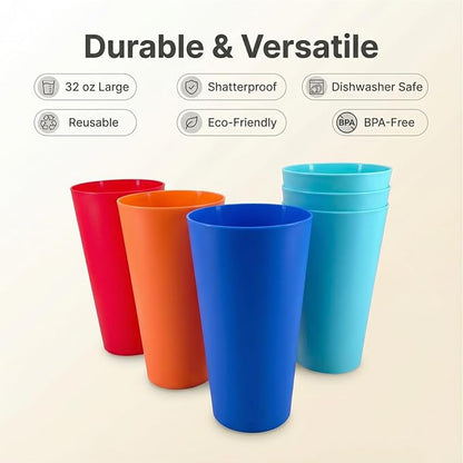 32 oz Plastic Cups Large Reusable set 12, Plastic Tumblers Vibrant | Food Grade - Image 2