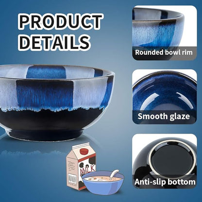 KOOV 24 Ounce Soup Bowl Set, Porcelain Cereal Bowls Microwave And Dishwasher Safe, Ceramic Kitchen Bowls For Oatmeal Breakfast, Chip, Rice, Reactive Glaze Set of 4 (Nebule Blue)