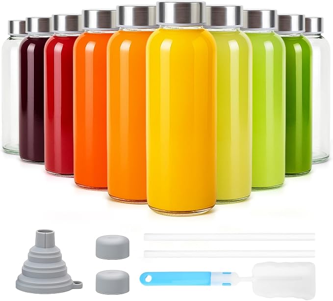 Sursip 10 oz Glass Juice Bottles, 10 Pack, Leakproof Stainless Lids | Reusable by Sursip%C2%AE