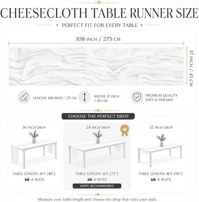 2 Pack White Cheesecloth Table Runner 17x108 Inch Boho Rustic Semi Sheer Gauze - Image 4