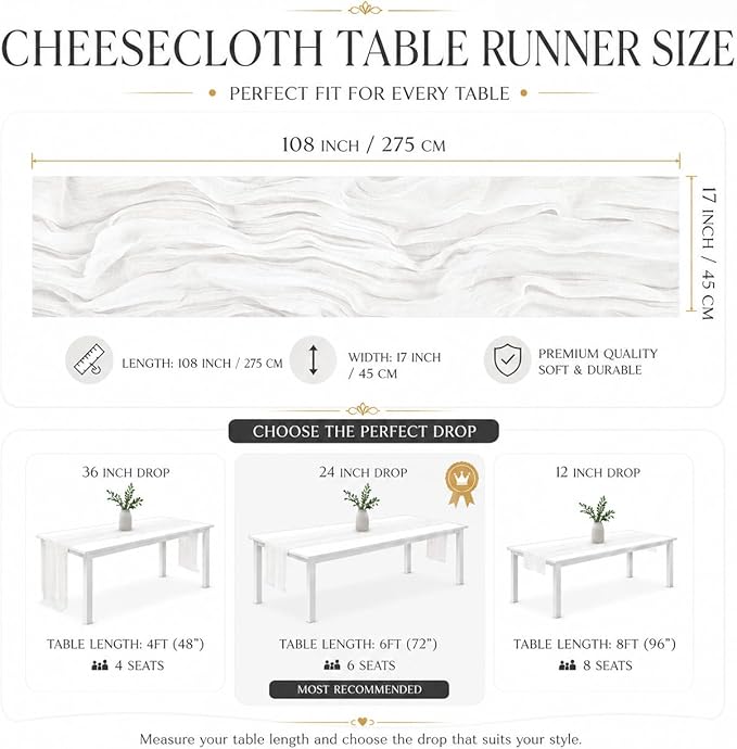 12 Pack White Cheesecloth Table Runner 17x108 Inch Boho Rustic Semi Sheer Gauze - Image 3