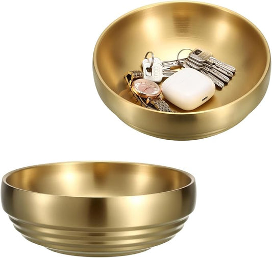 7.4" Gold Decorative Bowl - 2 Packs Key Bowls for Entryway Table Catchall Vintage Round Key Holder Bowl for Candy Fruit, Home Decor