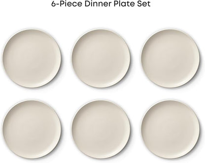 JoyJolt Mesa Stoneware Dinner Plates Set of 6, 10.5” Dish Set, Dishwasher and Microwave Safe Plate Set, Modern Rustic Dinnerware, Kitchen Serving Dishes - Matte White (Linen)