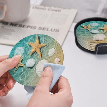6 Pcs Starfish and Seashell On The Summer Beach in Sea Water. Leather Coasters - Image 6