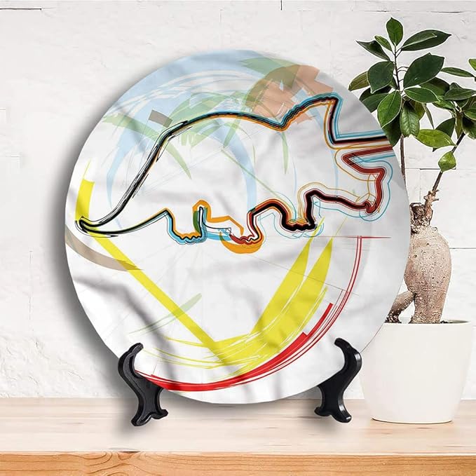 Decorative Plates, Dinosaur Print Ornament, Triceratops Sketch Lines, 6 Inch, Kitchen Wall Decor, Multicolor