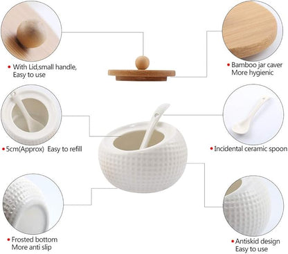 Porcelain Condiment Jar Spice Container with Lids - Bamboo Cap Holder Spot, Ceramic Serving Spoon, Wooden Tray Best Pottery Cruet Pot for Your Home, Kitchen, Counter. White,170 ML (5.8 OZ), Set of 3