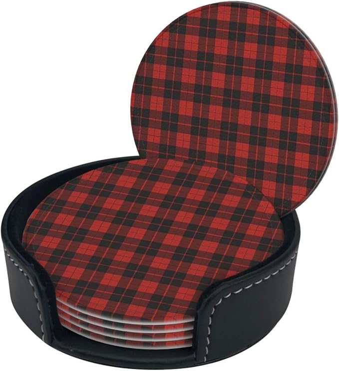 6 Pcs Christmas Plaid Red Black Buffalo Check Leather Coasters - Image 3