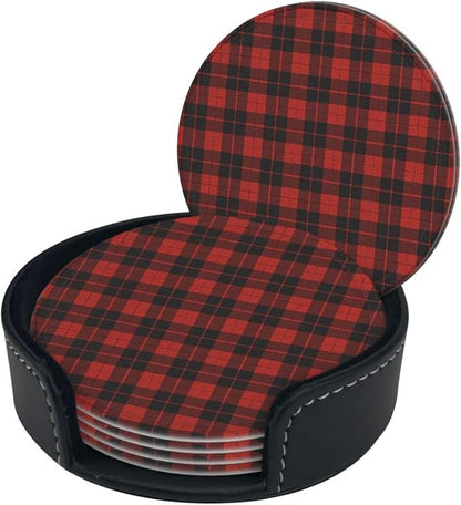 6 Pcs Christmas Plaid Red Black Buffalo Check Leather Coasters - Image 3