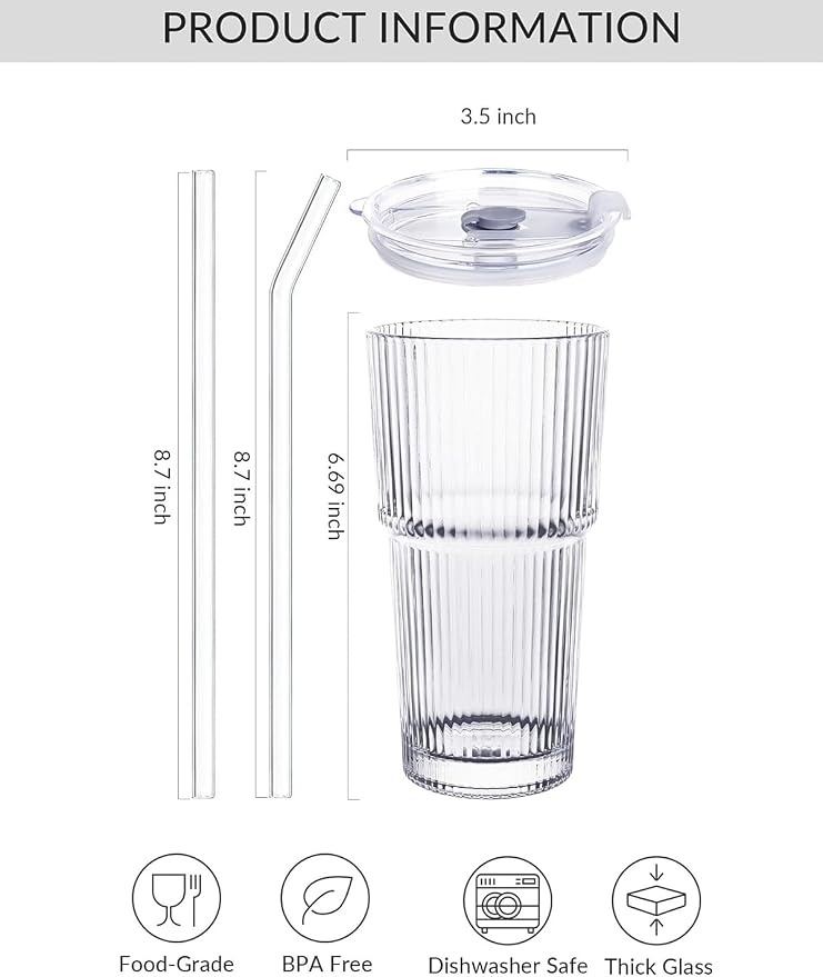 Glass Cups with Lids and Straws, 20oz Ribbed Glass Tumbler - Image 4