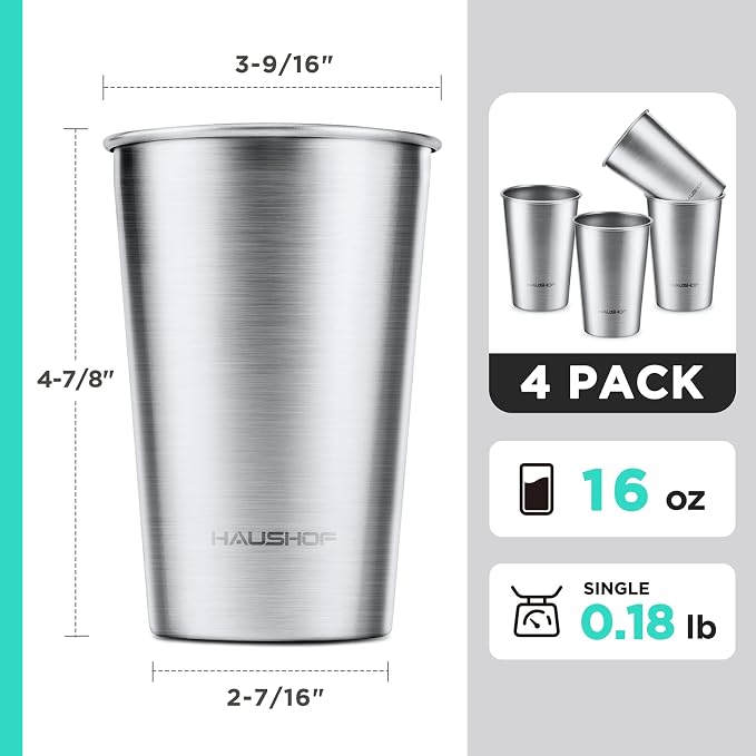 HAUSHOF Stainless Steel Cups, 16oz Stacking Cups, Unbreakable, 4 Pack | 18/8 - Image 3
