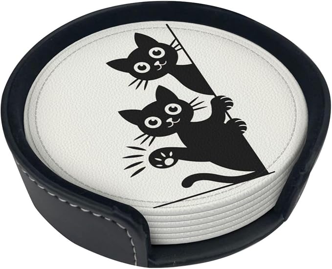 Cute Cats Coasters for Drinks Set of 6, Round Leather Coaster - Image 2