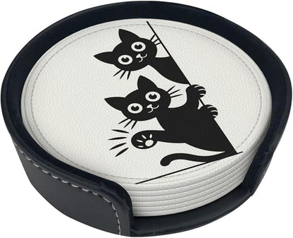 Cute Cats Coasters for Drinks Set of 6, Round Leather Coaster - Image 2