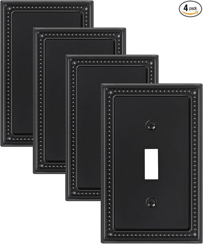4-Pack Single Toggle Light Switch Cover Plate, Pearls Decorative Switch Plate Covers, Black 1 Gang Metal Wall Plate, Corrosion Resistant