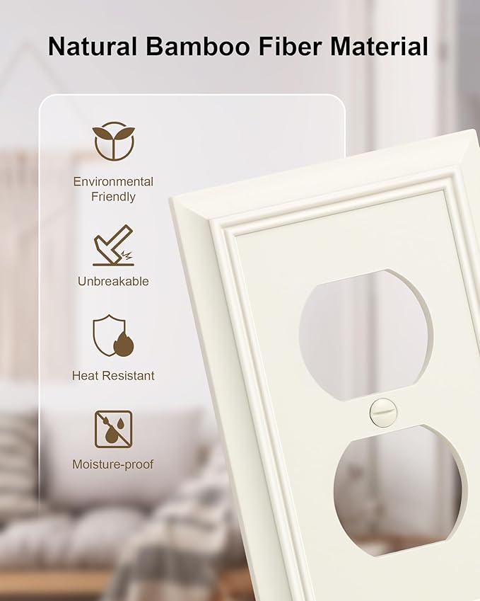 4-Pack Duplex Outlet Cover Plate, Decorative Light Almond Switch Plates and Outlet Covers, Natural Bamboo Fiber Wall Plates for Electrical Outlets, 1 Gang Receptacle Cover, Corrosion Resistant