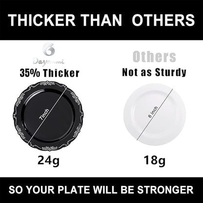 DaYammi 60PCS Black and Silver Plastic Plates, Heavy Duty Black and Silver Disposable Plates Premium 7.5 inch Dessert Cake Salad Appetizer Plate Hard Plastic Plate Disposable for Party Wedding