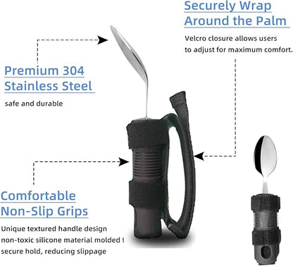 Adaptive Utensil Set for Elderly Parkinsons Stroke Patients, Non-Slip Grip with Hand Strap for Hand Tremors & Muscle Weakness, 3PCS Heavy Stainless Steel Spoon Fork Knife