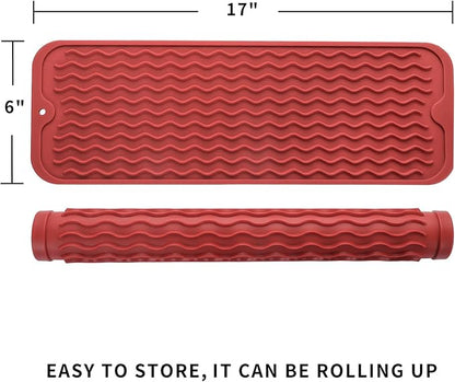 Silicone Dish Drying Mat for Multiple Usage,Easy clean,Eco-friendly,Heat-resistant Silicone Mat for Kitchen Counter,Sink,Bar,Bottle,or Cup Red M 17 inches x 6 inches