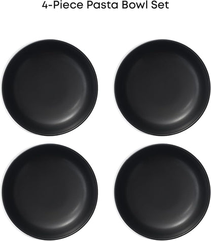 JoyJolt Mesa 30oz Stoneware Pasta Bowls Set of 4, Salad and Serving Bowls for Kitchen, Oatmeal, Soup, Dinner - Matte Black, Dishwasher and Microwave Safe, Wide and Shallow Plate