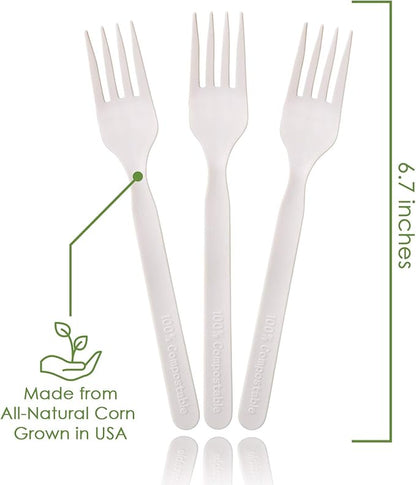 100% Compostable Forks - 140 Large Disposable Utensils (7 in.) Eco Friendly Durable and Heat Resistant Alternative to Plastic Forks with Convenient Tray by Ecovita